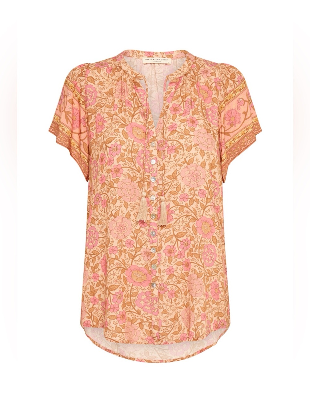 SPELL 🌾 $159 Love Story Short Sleeve Blouse 🍑 Peach Blossom 🌾 NWOT 🌸 SMALL - Picture 6 of 12